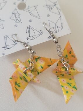Yellow Floral Origami Crane Dangle Earrings for Women